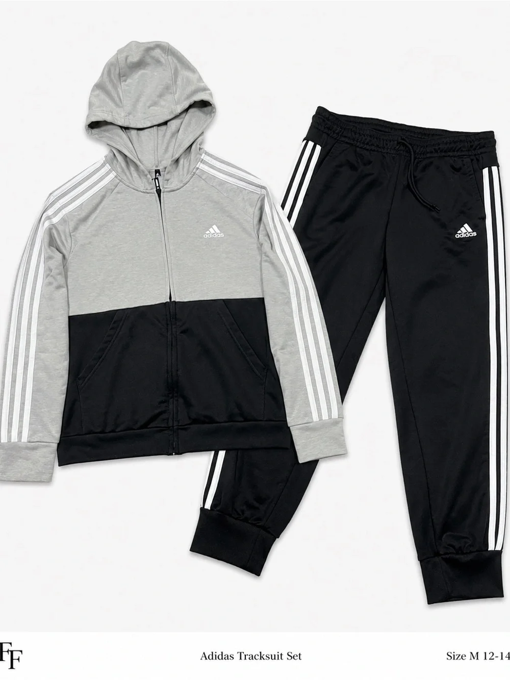 Adidas Youth M 12-14 2 Piece Tracksuit Hoodie Joggers Gray Black 3 Stripe